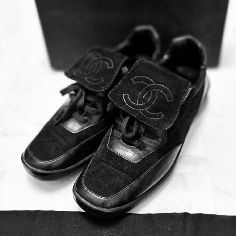 CHANEL Women's Black Leather Suede Long Tongue Sneakers